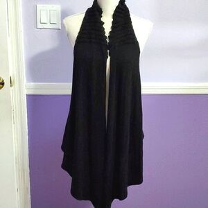 Retro 90s Black Ruffly Seeveless Asymmetrical Knit Open Cardigan L/XL